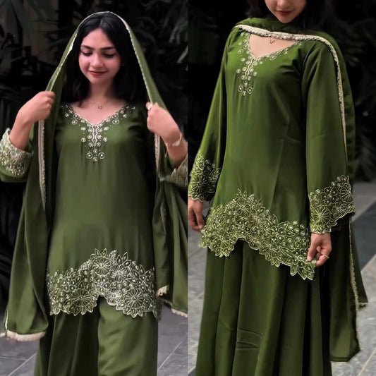 Green Color Chinon Silk With Thread Work Plazo Suit