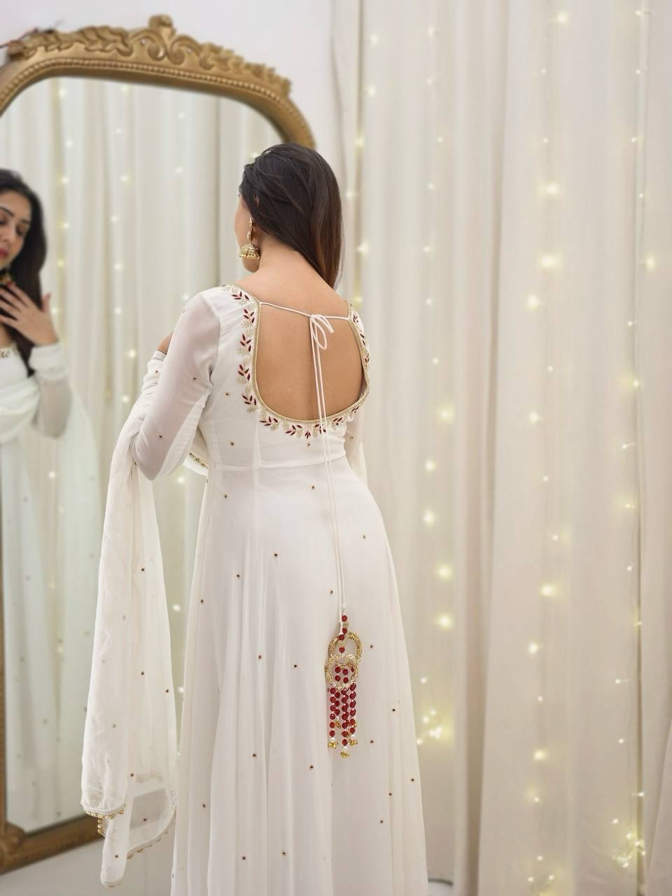 White Color Faux Georgette With Embroidery Work Long Gown With Dupatta