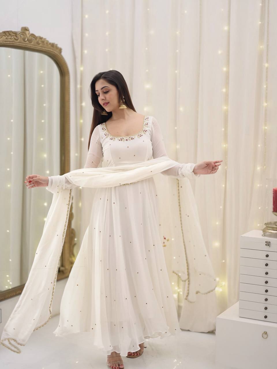 White Color Faux Georgette With Embroidery Work Long Gown With Dupatta