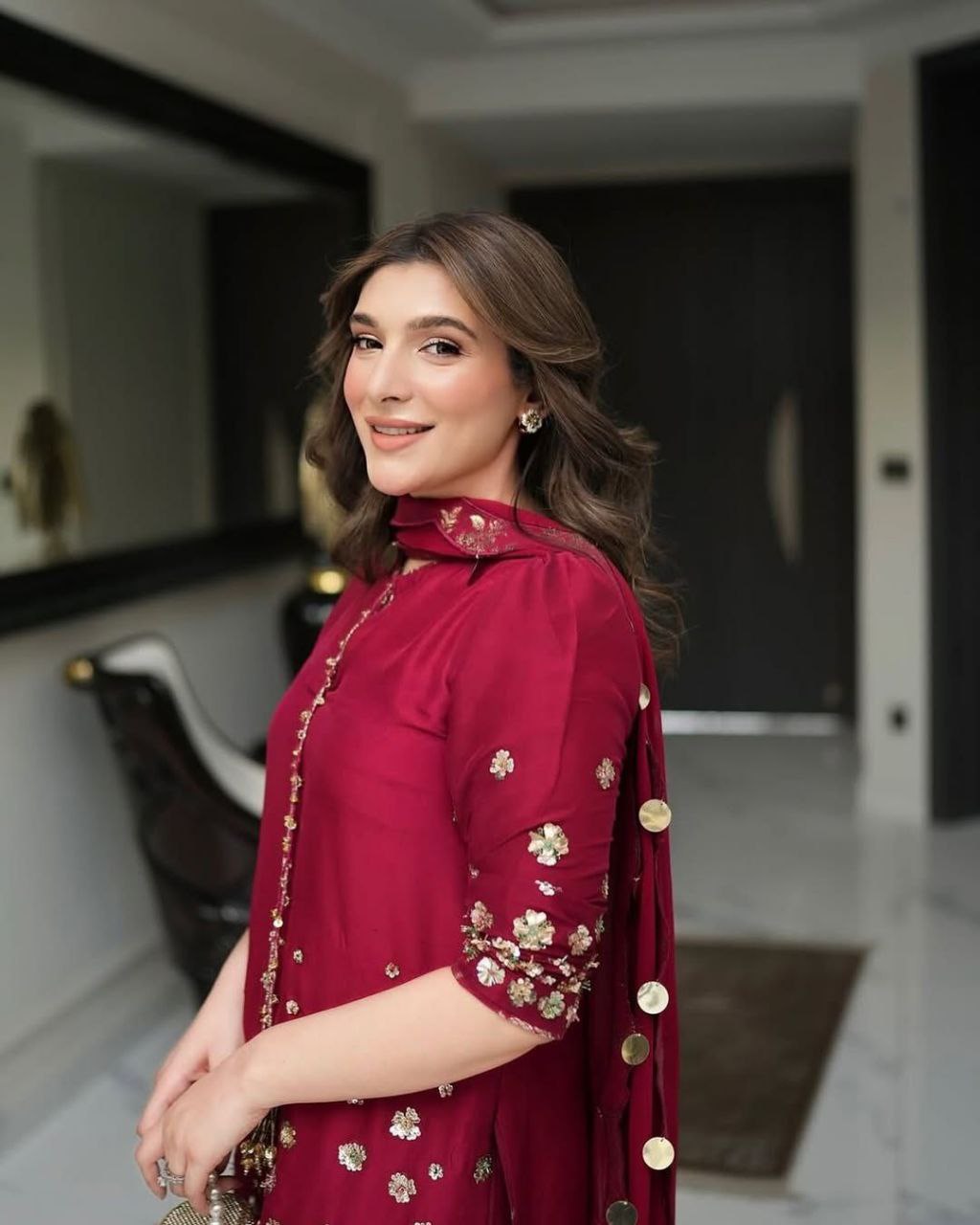 Red Color Roman Silk With Embroidery And Sequence Work Suit