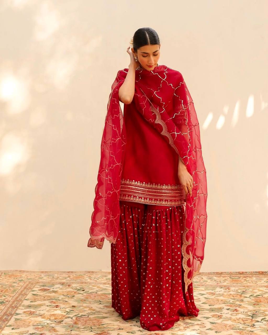 Radiant Designer Red Color Sequence Work Plazo Suit