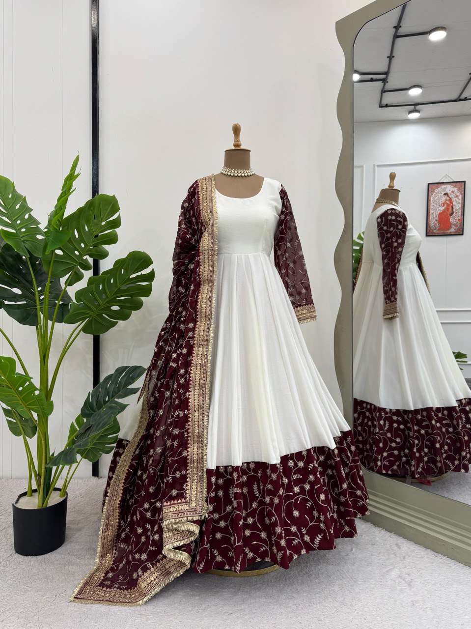 Maroon Color Faux Georgette With Thread And Sequence Work Long Gown