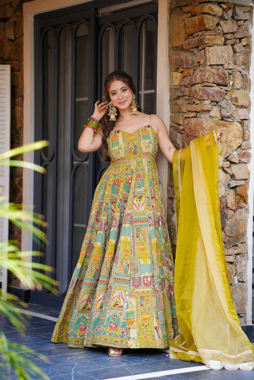 Beautiful Haldi Function Wear Organza Silk Wear Long Anarkali Gown