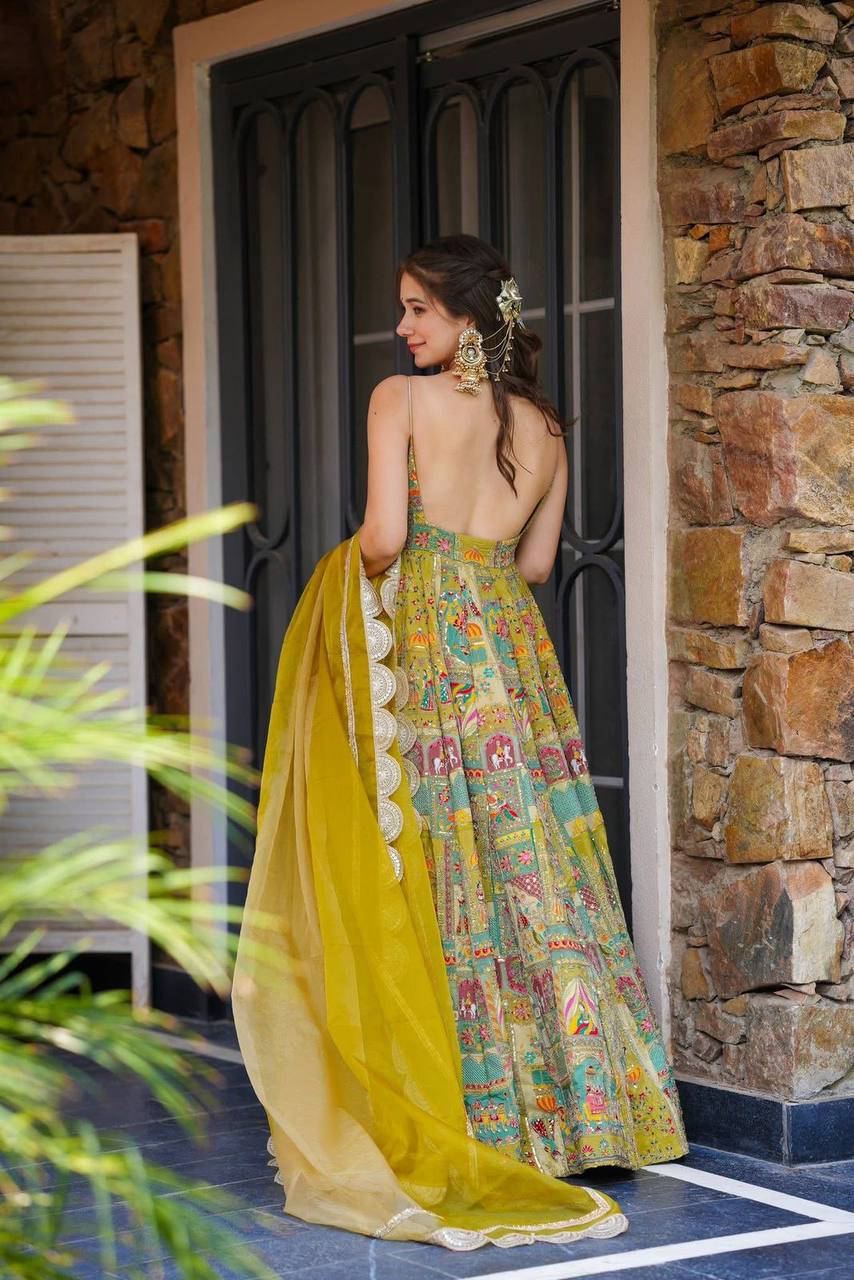 Beautiful Haldi Function Wear Organza Silk Wear Long Anarkali Gown