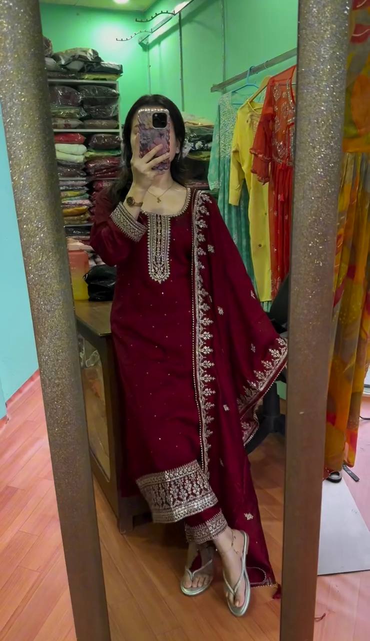 Red Color Beautiful Embroidery With Sequence Work Suit
