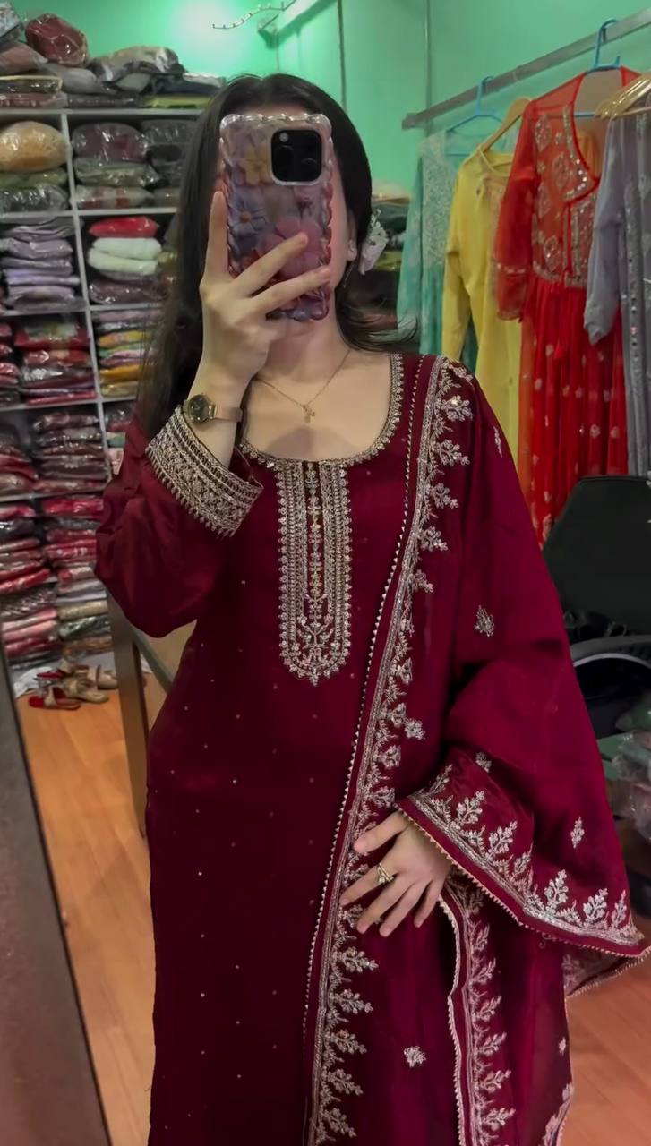 Red Color Beautiful Embroidery With Sequence Work Suit