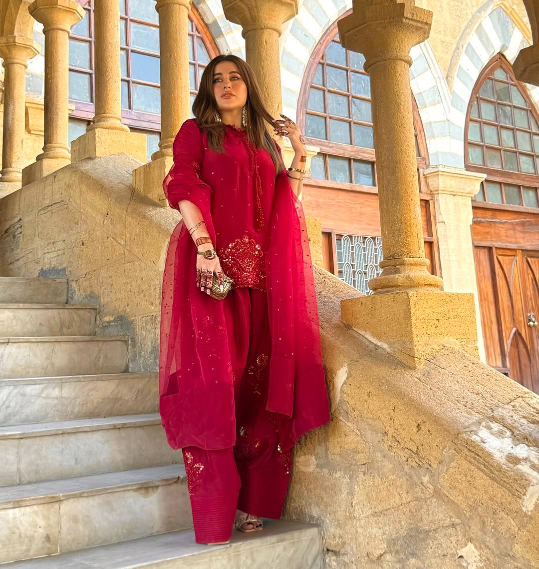 Red Color Embroidery With Sequence Work Sharara Suit
