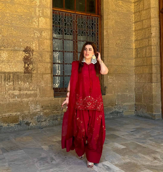 Red Color Embroidery With Sequence Work Sharara Suit