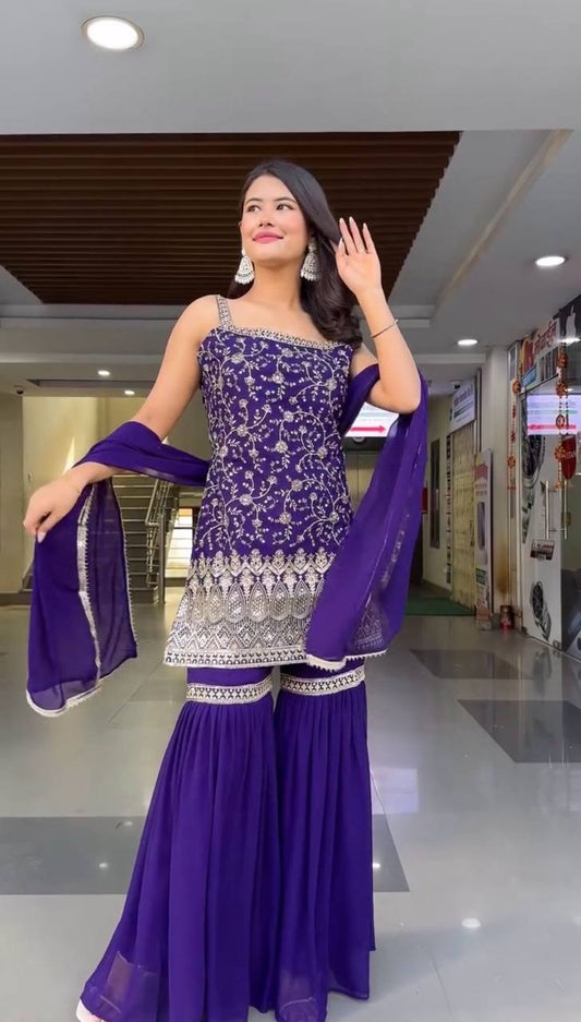 Good Looking Purple Color thread Work Sharara Suit