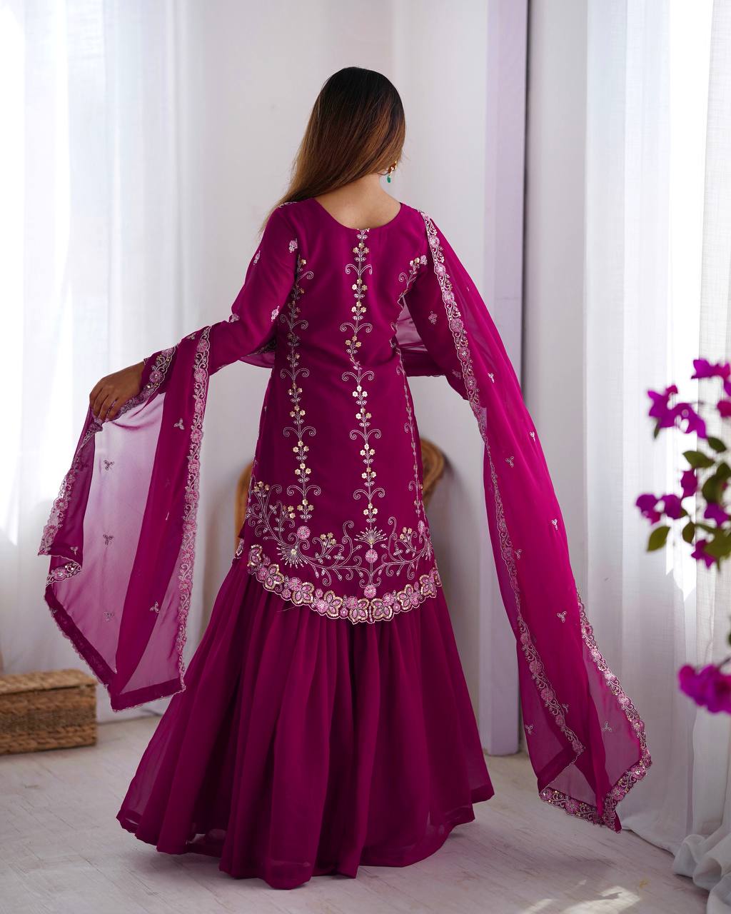 Wine Color Faux Georgette With Sequence Work Sharara Suit