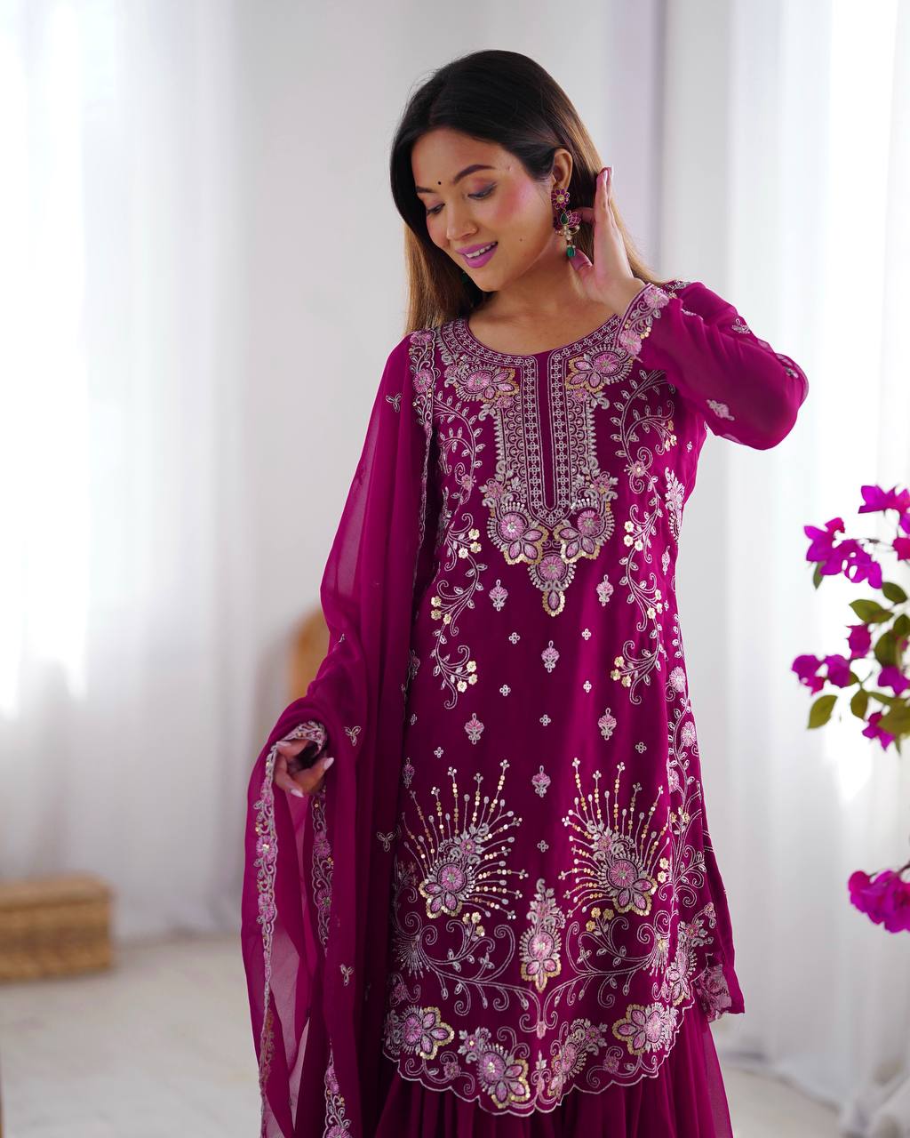 Wine Color Faux Georgette With Sequence Work Sharara Suit