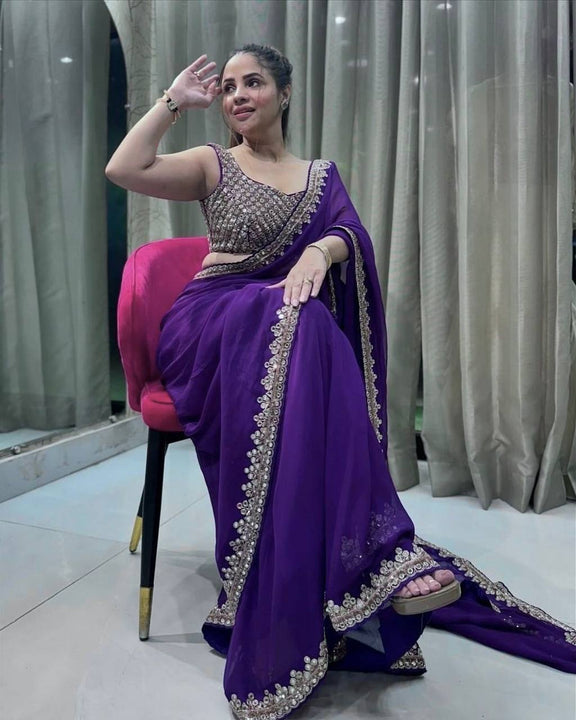 Glorious Purple Color Heavy Georgette Wear Saree For Women