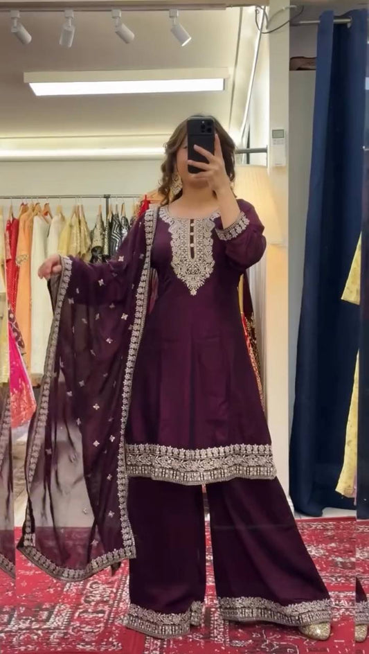 Coffee Color Chinon Silk With Thread And Sequence Work Plazo Suit