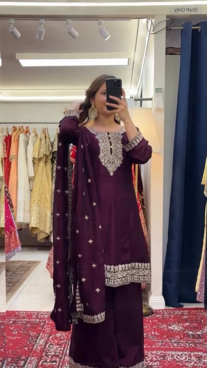 Coffee Color Chinon Silk With Thread And Sequence Work Plazo Suit