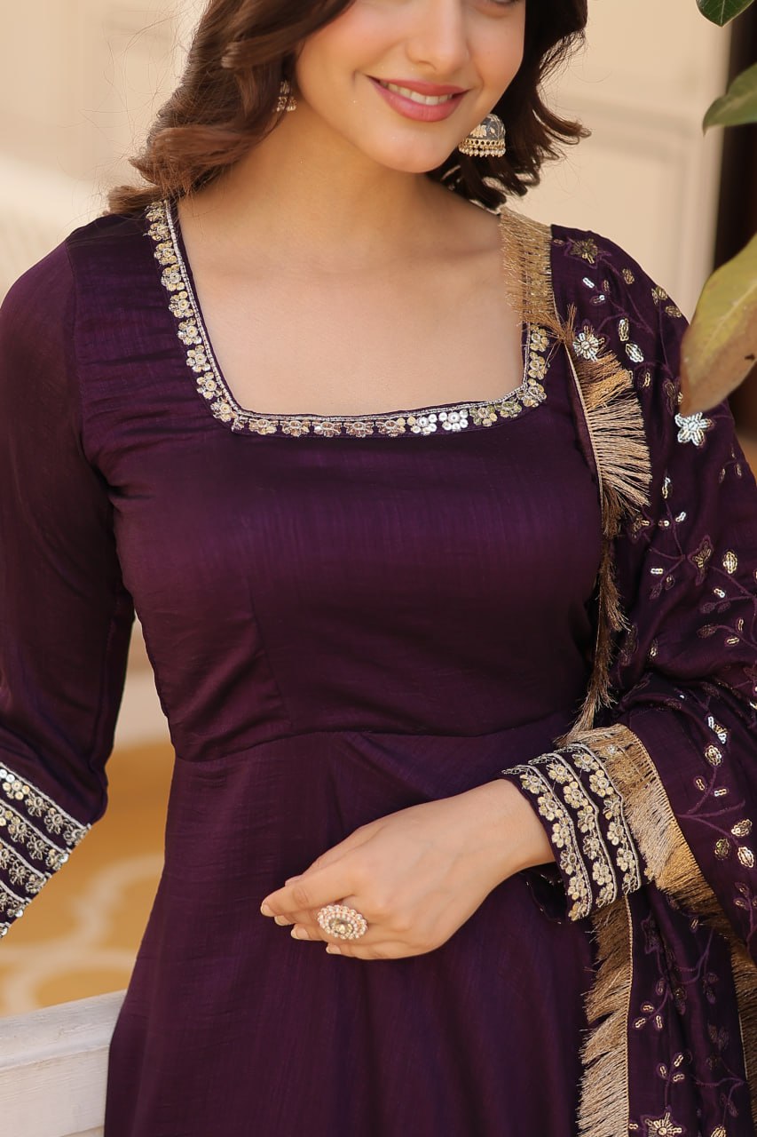 Purple Color Vichitra Silk Zari Sequence Work Gown With Dupatta