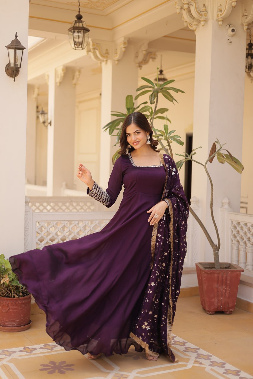 Purple Color Vichitra Silk Zari Sequence Work Gown With Dupatta