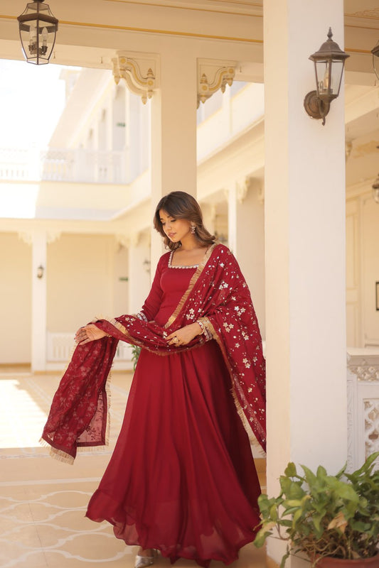 Maroon Color Vichitra Silk With Embroidery Sequence Work Gown With Dupatta