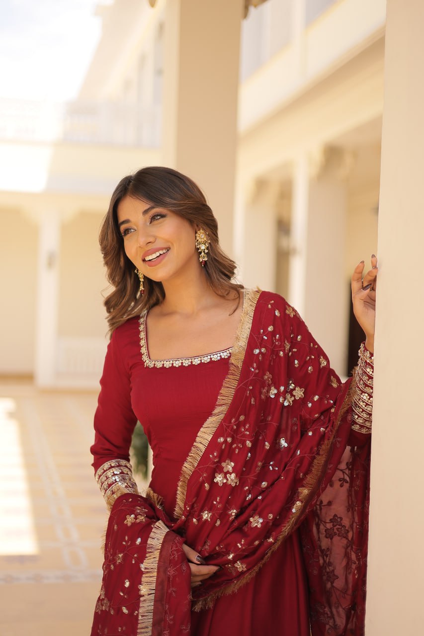 Maroon Color Vichitra Silk With Embroidery Sequence Work Gown With Dupatta