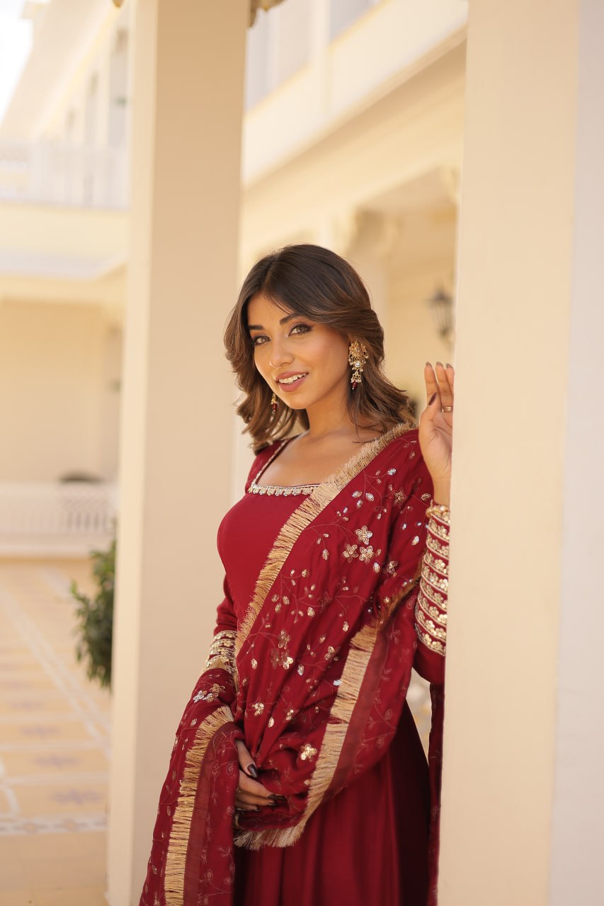Maroon Color Vichitra Silk With Embroidery Sequence Work Gown With Dupatta