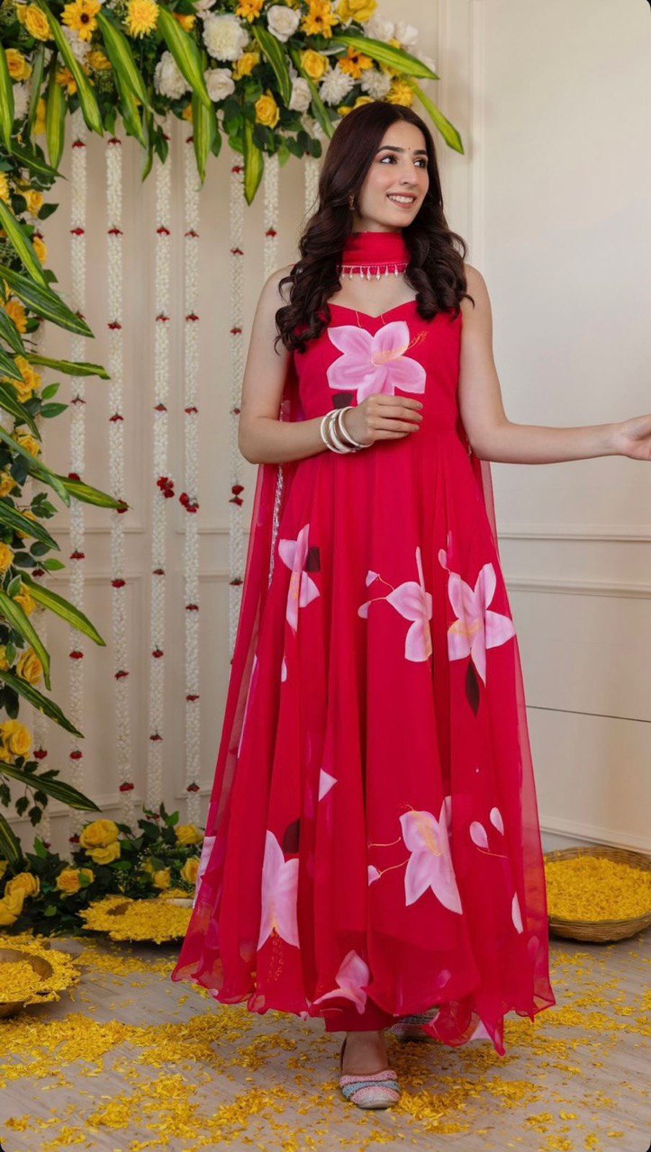 Pink Color Flower Printed Long Anarkali Suit With Dupatta