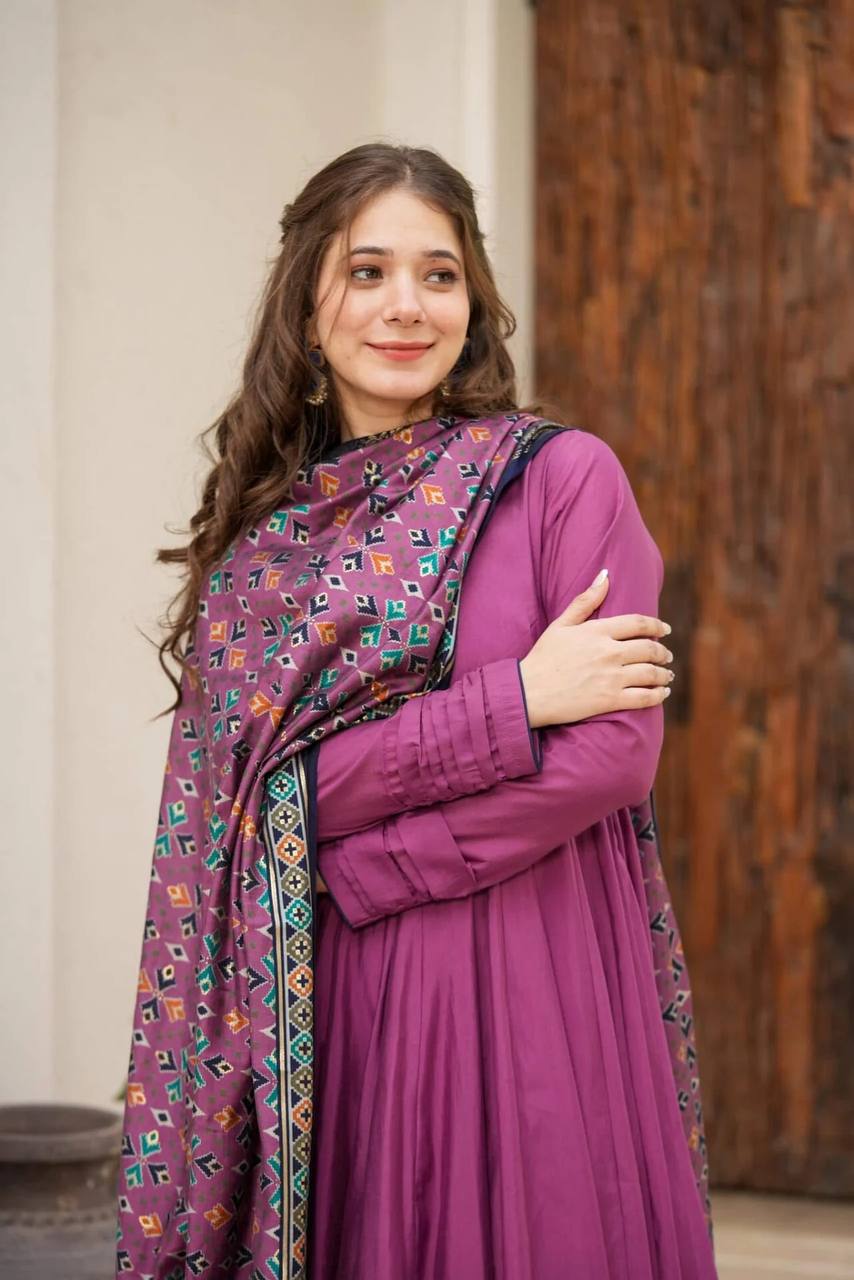 Pink Color Chinon Silk With Kurti With Plazoo And Dupatta
