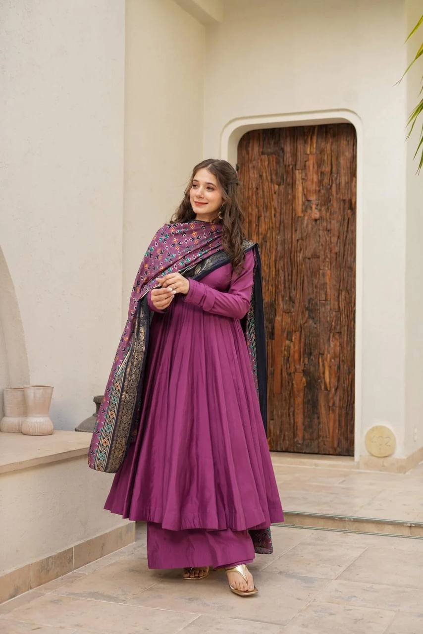 Pink Color Chinon Silk With Kurti With Plazoo And Dupatta
