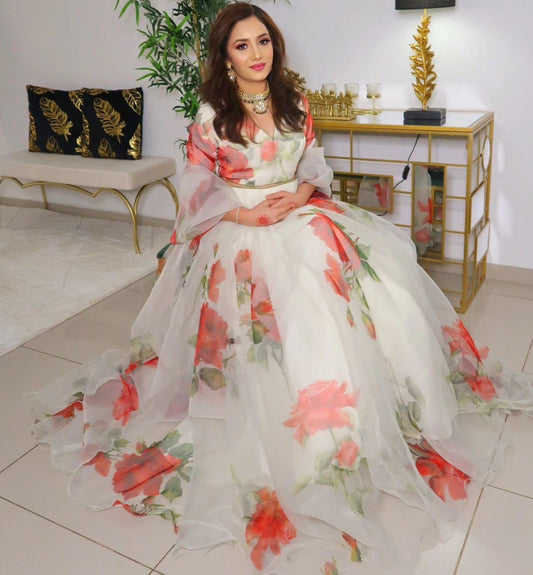 White Color Organza Silk With Flower Printed Lehenga Choli
