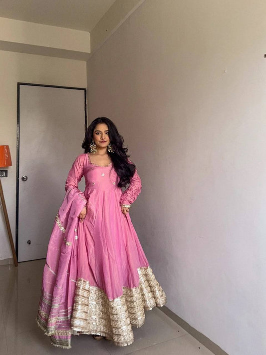 Wedding Wear Pink Color CHinon Silk With Sequence Work Long Anarkali Suit