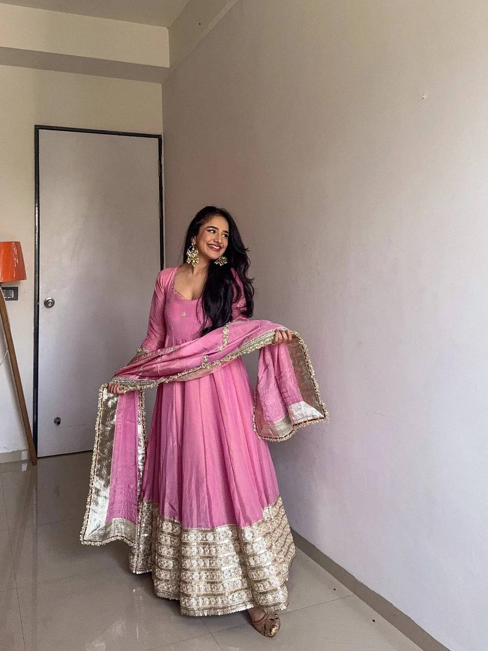 Wedding Wear Pink Color CHinon Silk With Sequence Work Long Anarkali Suit