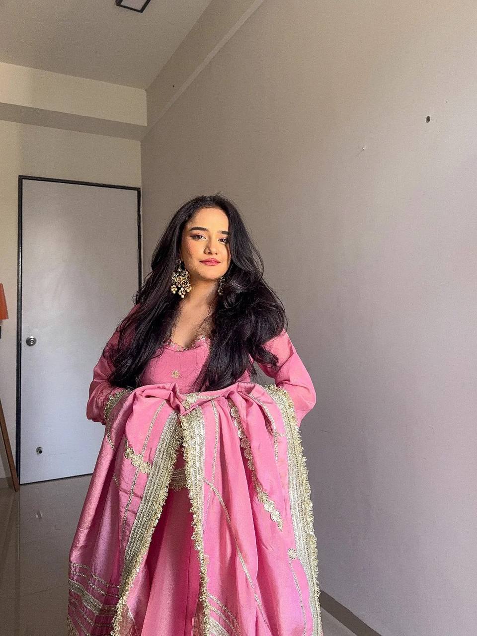 Wedding Wear Pink Color CHinon Silk With Sequence Work Long Anarkali Suit