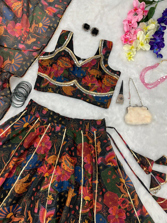 Multi Color Jimmy Chu Organza Silk Lehenga Choli