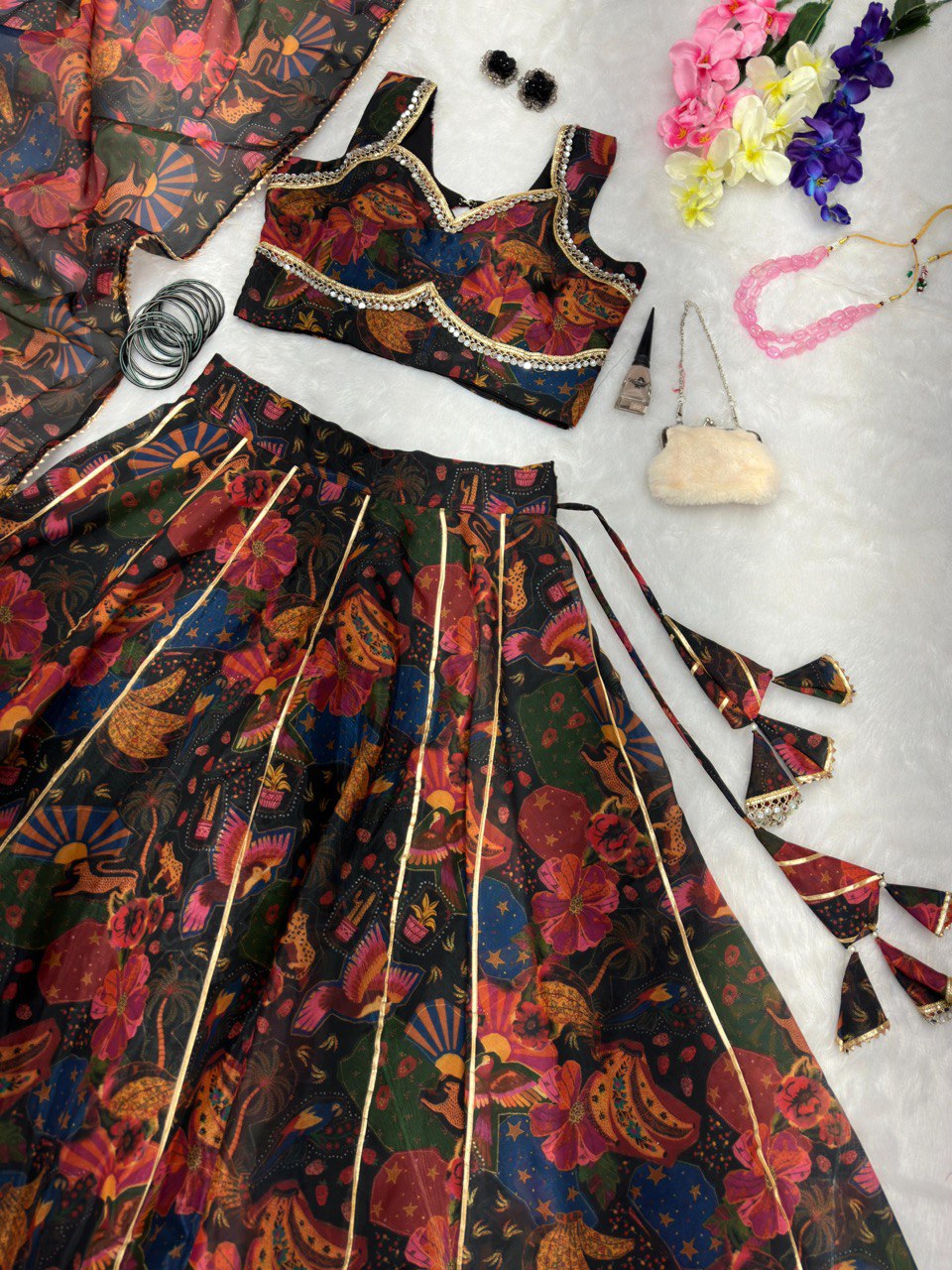 Multi Color Jimmy Chu Organza Silk Lehenga Choli