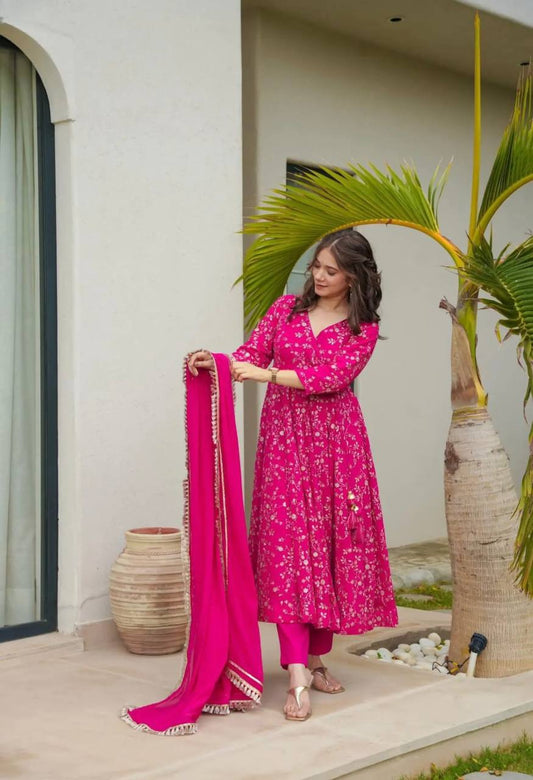 Beautiful Pink Colour Wedding Wear Three Piece Long Gown With Dupatta