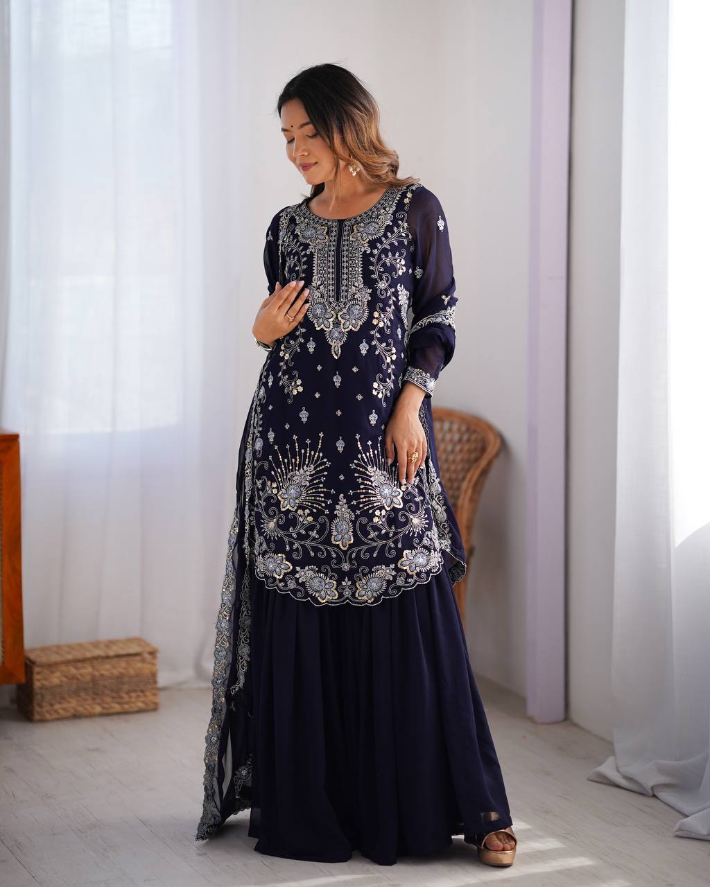 Navy Blue Color Georgette With Sequence Work Sharara Suit For Women