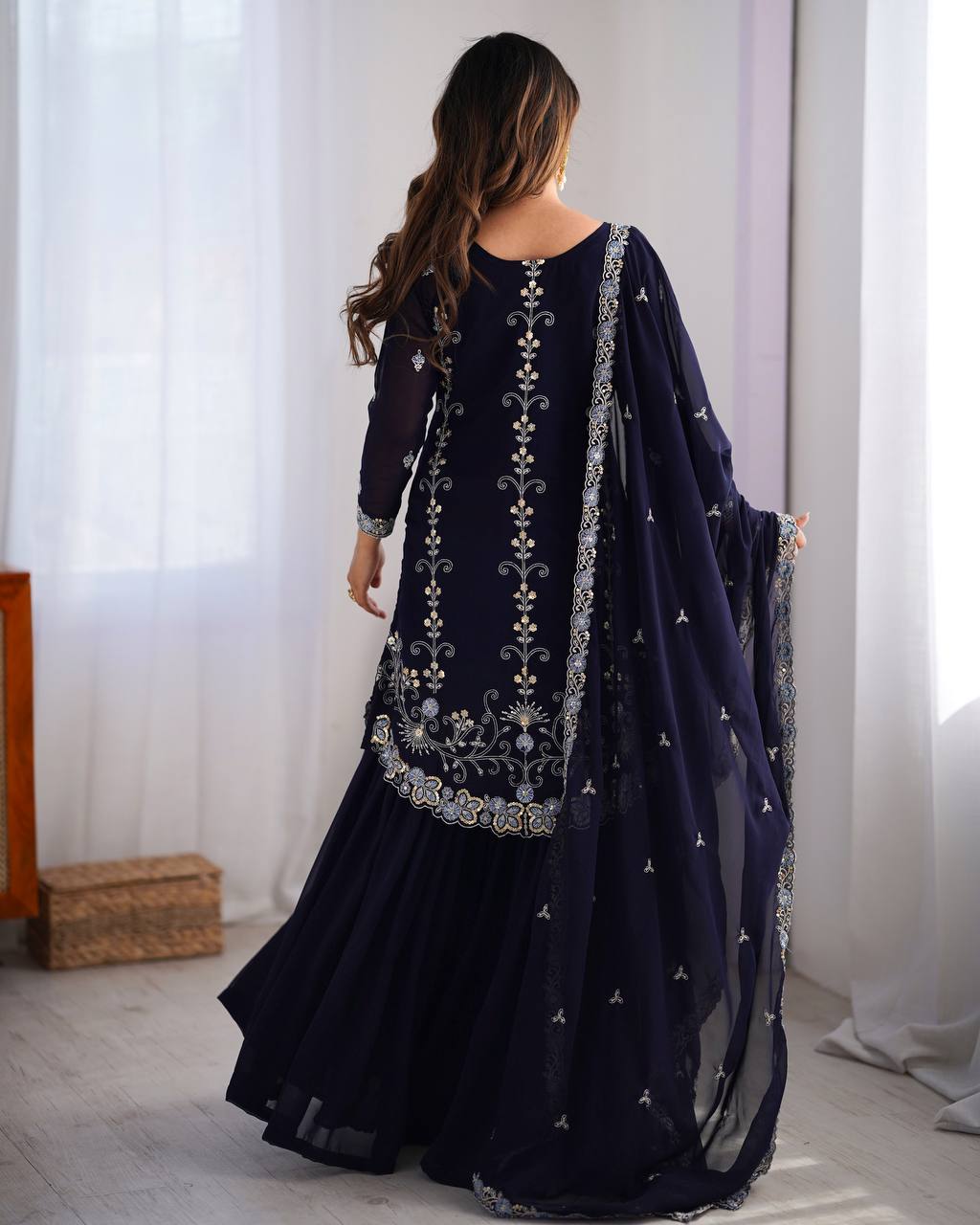 Navy Blue Color Georgette With Sequence Work Sharara Suit For Women