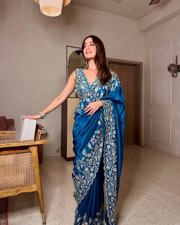 Designer Wedding Wear Sky Blue Thread With Sequence Work Saree