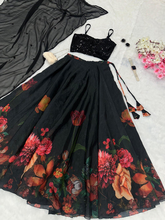 Black Color Georgette With Sequence Work And Floral Printed Lehenga Choli