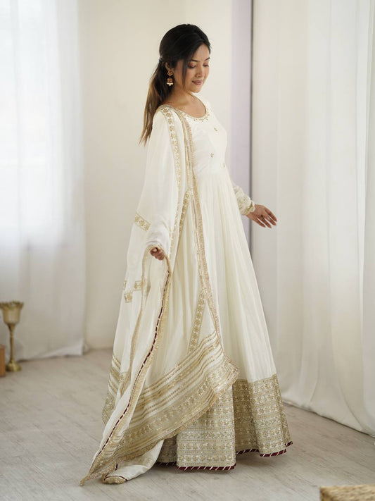 Wedding Wear White Color Chinon Silk With Thread And Sequence Work Anarkali Gown
