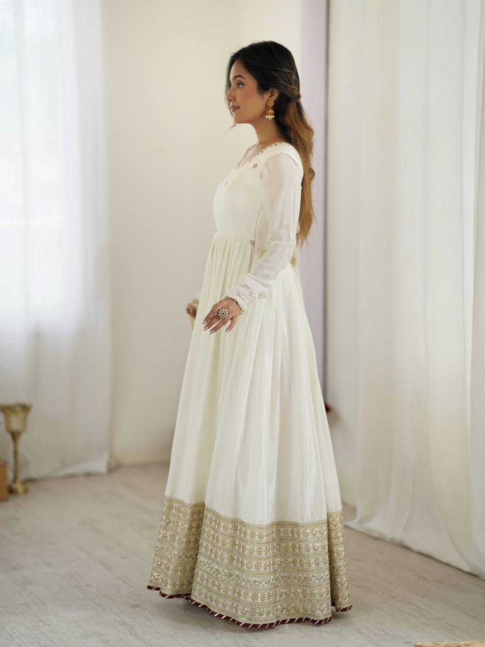Wedding Wear White Color Chinon Silk With Thread And Sequence Work Anarkali Gown