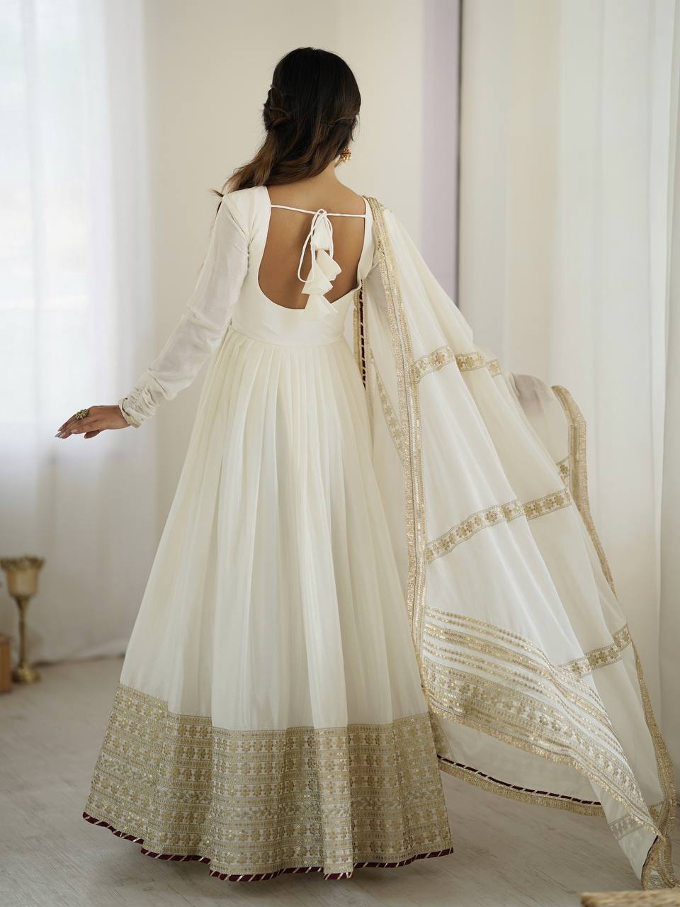 Wedding Wear White Color Chinon Silk With Thread And Sequence Work Anarkali Gown