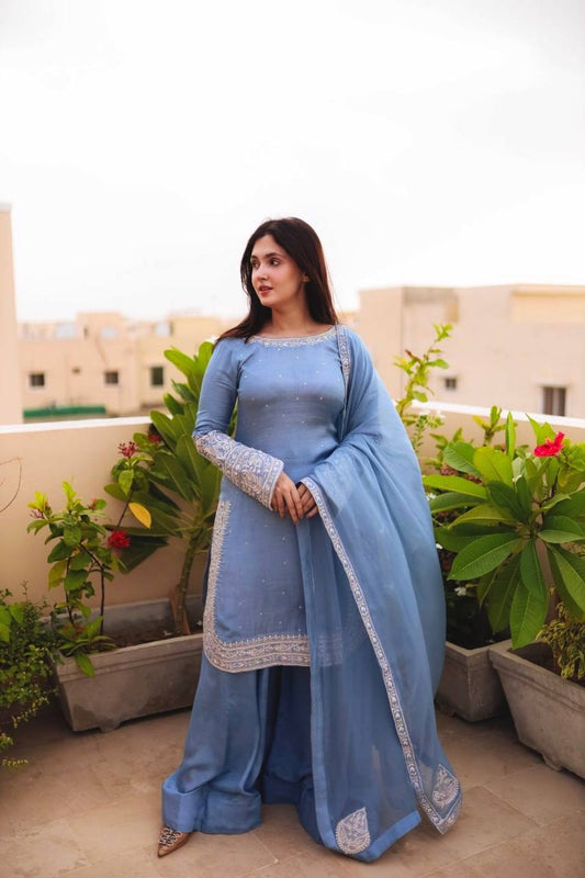 Gray Color Georgette With Embroidery Work Sharara Suit