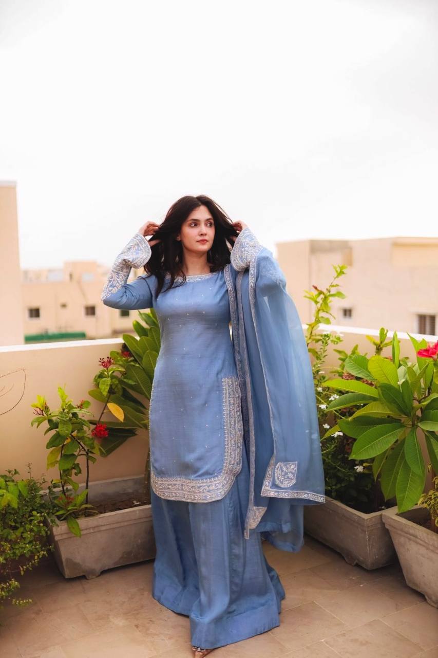 Gray Color Georgette With Embroidery Work Sharara Suit