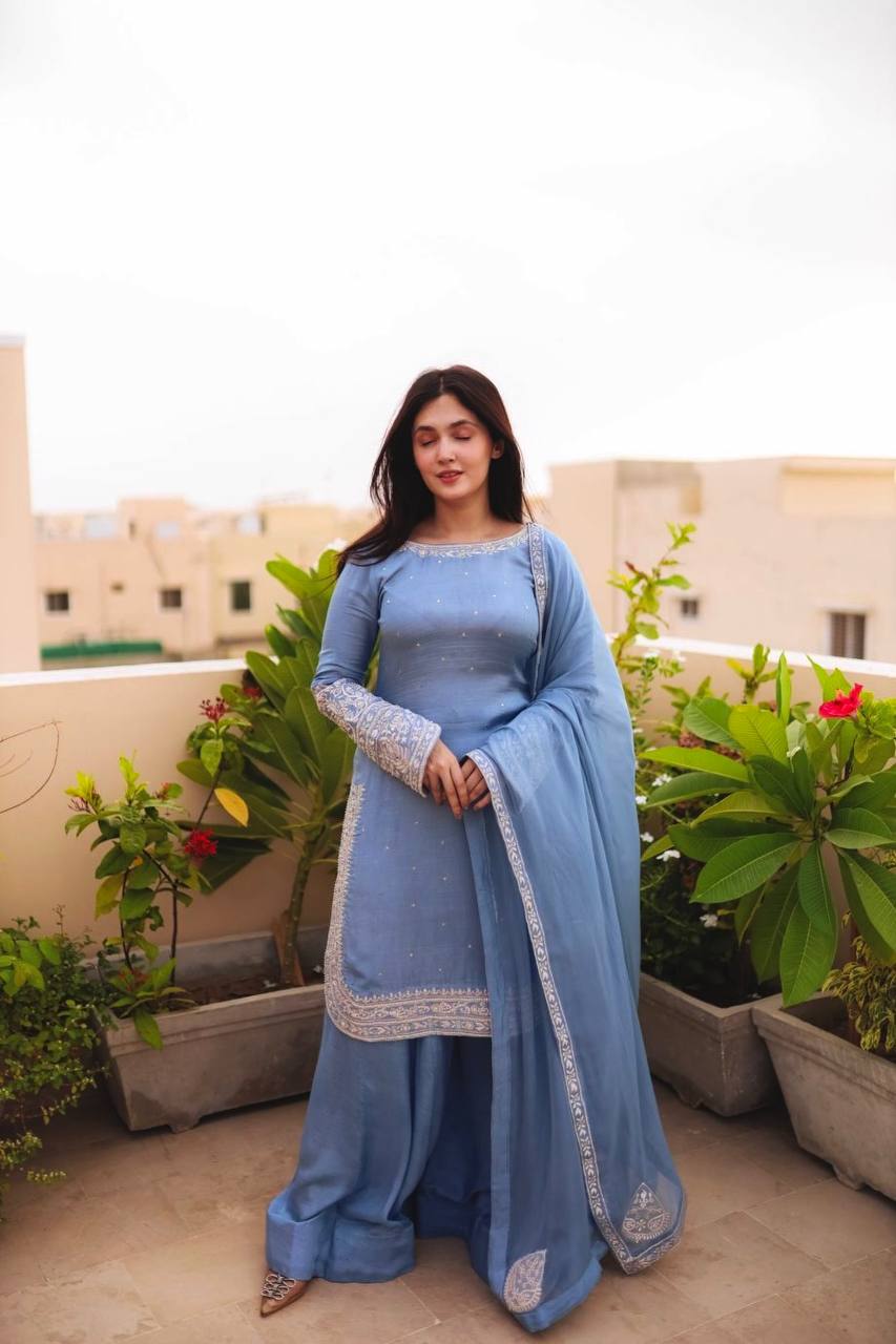 Gray Color Georgette With Embroidery Work Sharara Suit