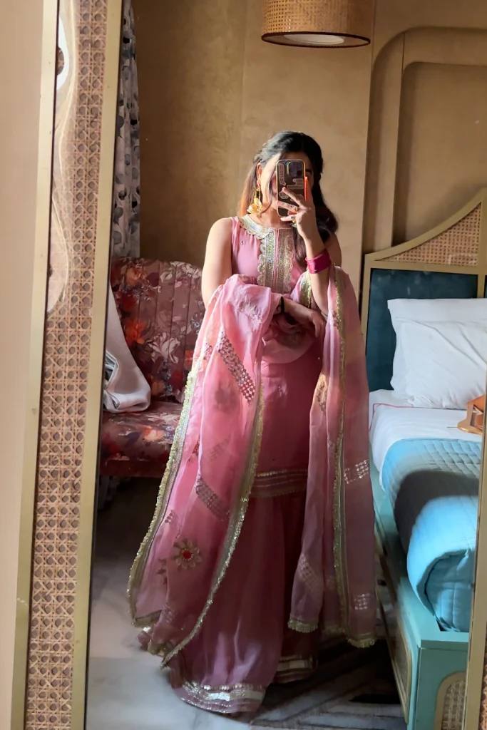 Pink Color Organza With Embroidery And Sequence Work Sharara Suit
