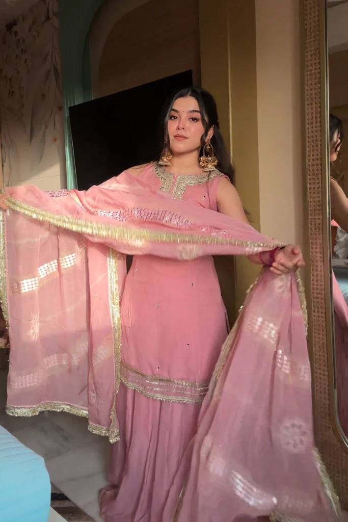 Pink Color Organza With Embroidery And Sequence Work Sharara Suit