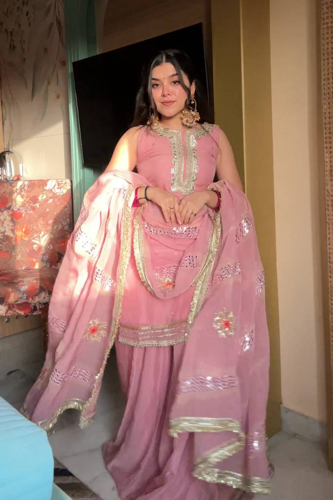 Pink Color Organza With Embroidery And Sequence Work Sharara Suit
