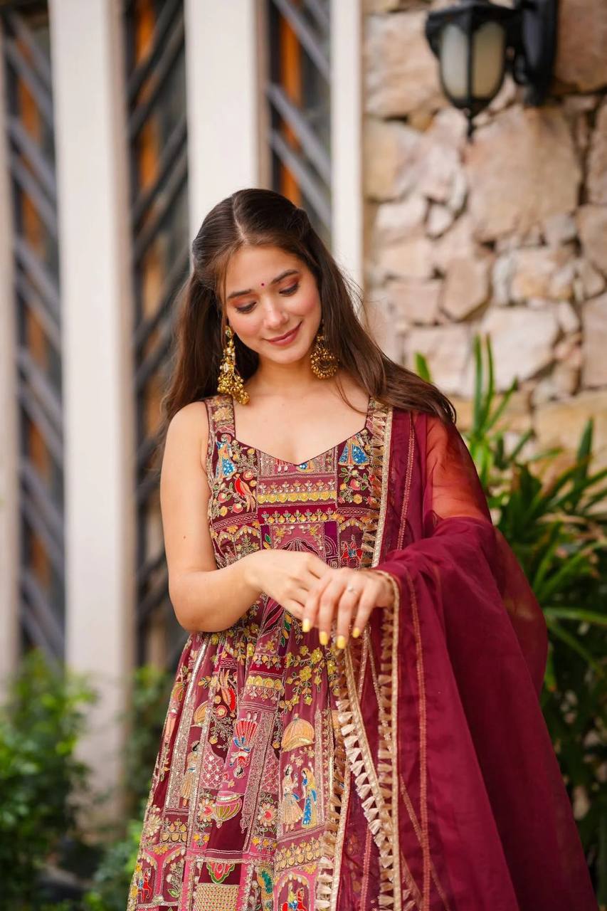 Maroon Color Jimmy Chu Silk Digital Printed Wear Long Gown With Dupatta