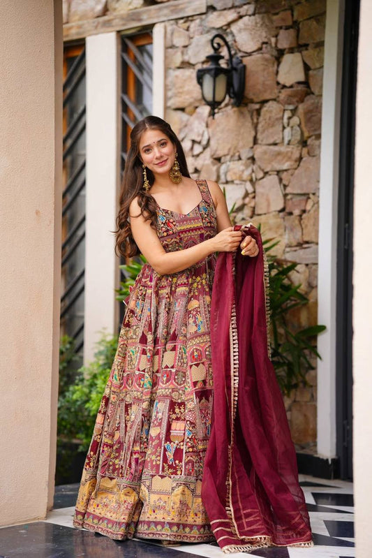 Maroon Color Jimmy Chu Silk Digital Printed Wear Long Gown With Dupatta