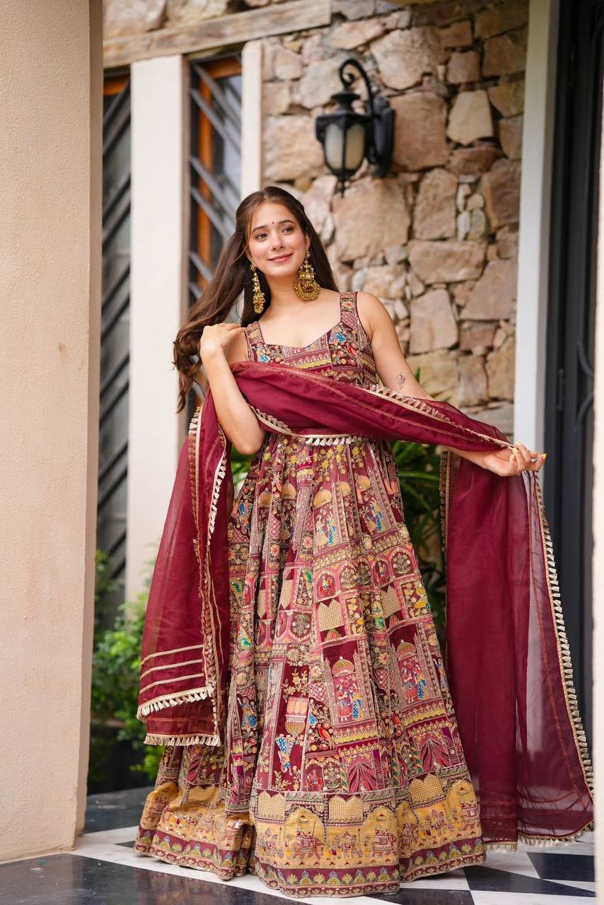 Maroon Color Jimmy Chu Silk Digital Printed Wear Long Gown With Dupatta