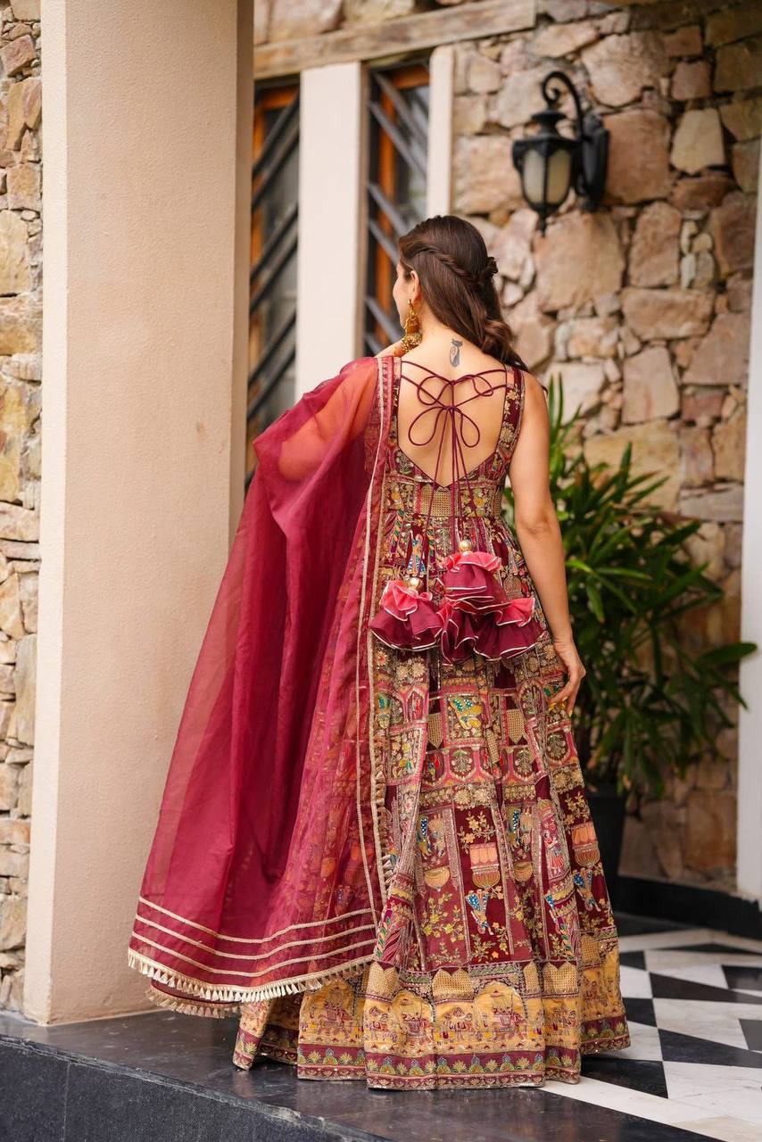 Maroon Color Jimmy Chu Silk Digital Printed Wear Long Gown With Dupatta